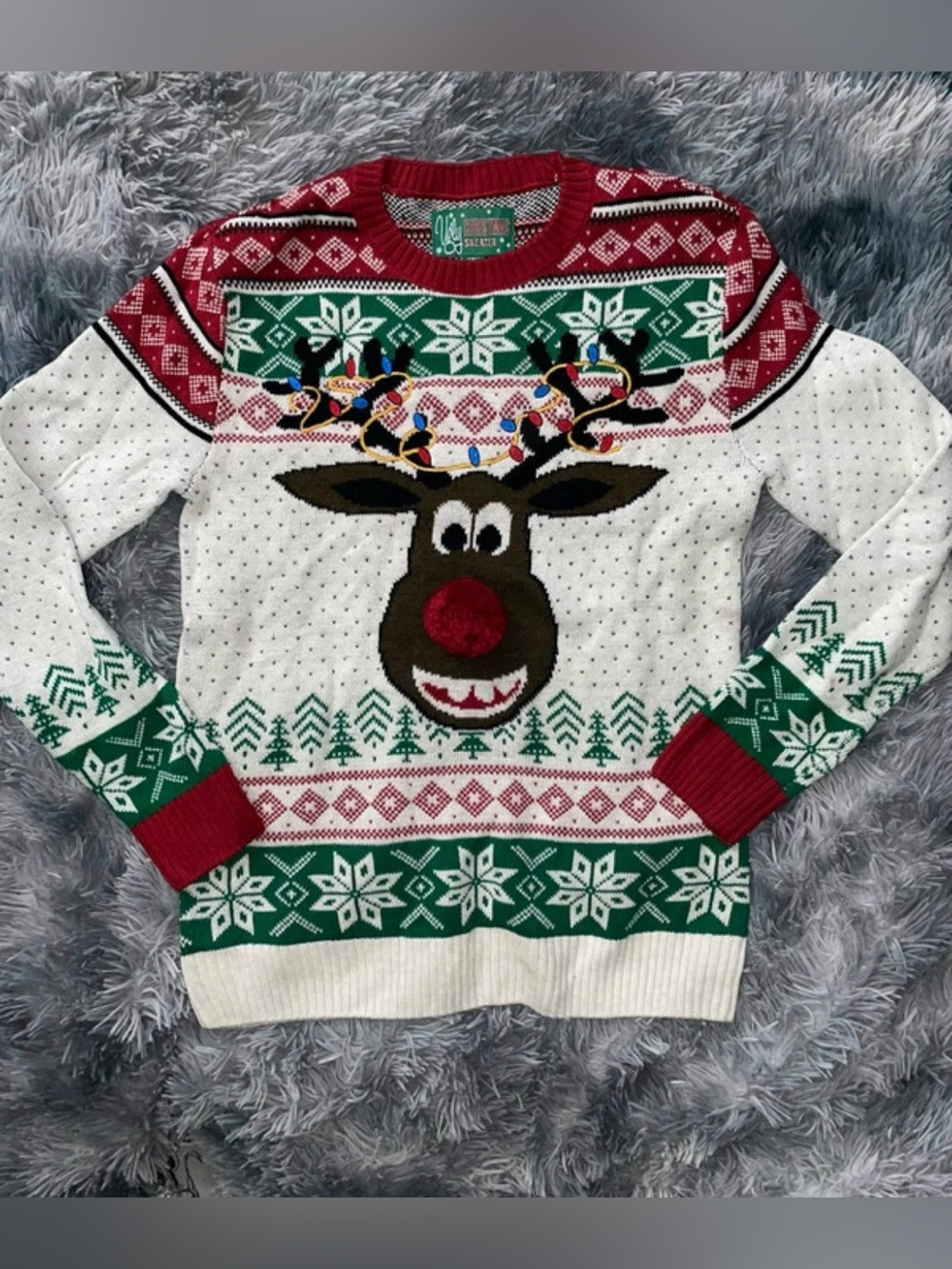 Festive Reindeer Christmas Sweater - Red, Green & White